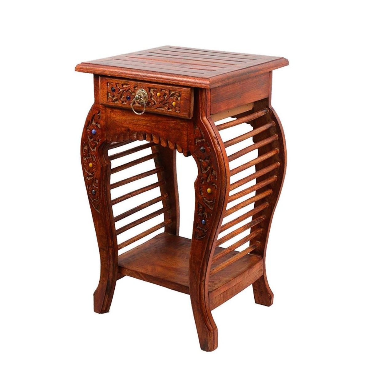 Antique Brown Square Side Table with Drawer Storage and Polished Finish Manufacturers in Imphal