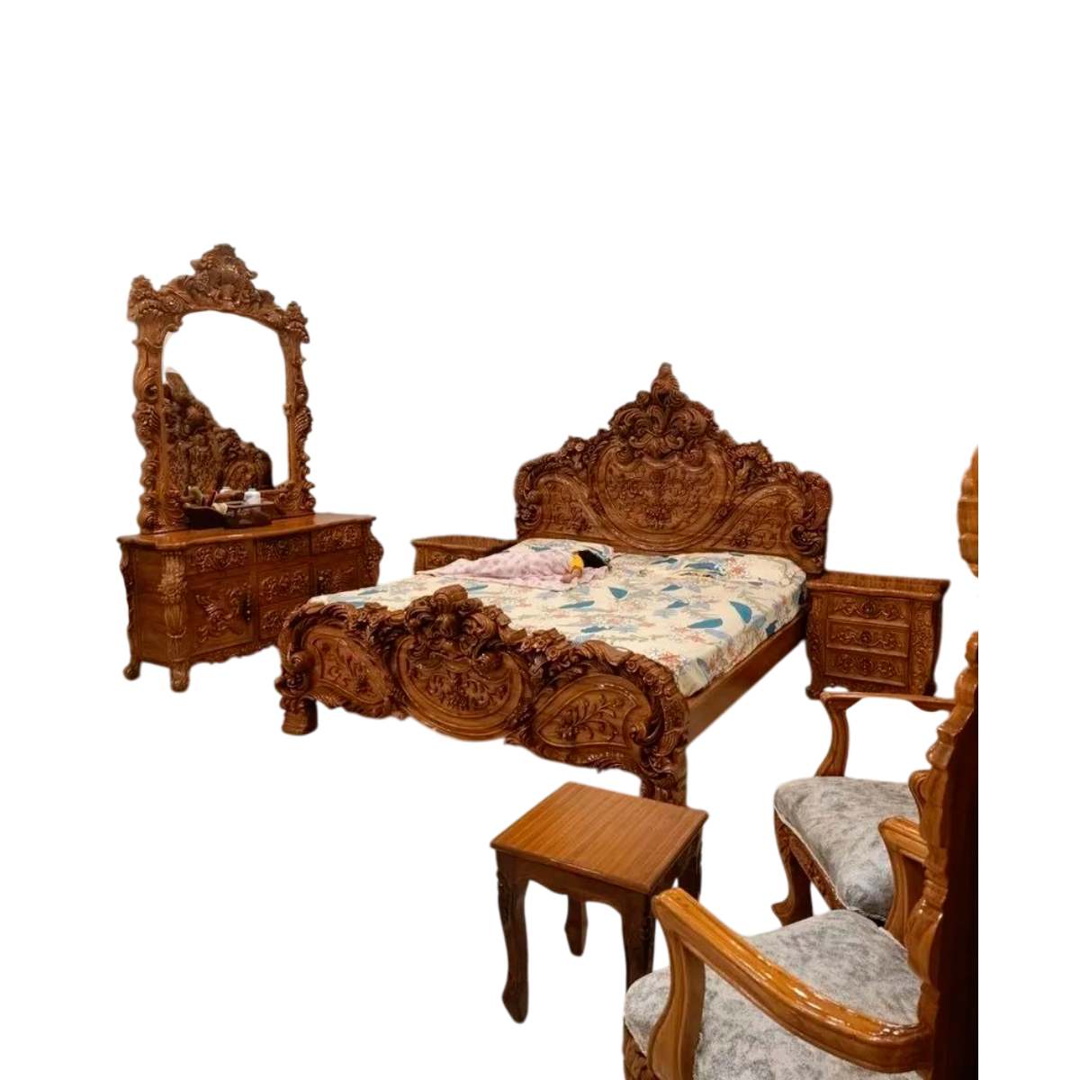 High Quality Queen Teak Wood Bedroom Furniture Set in Brown No Storage Bed Traditional and Modern Appeal Manufacturers in Raipur