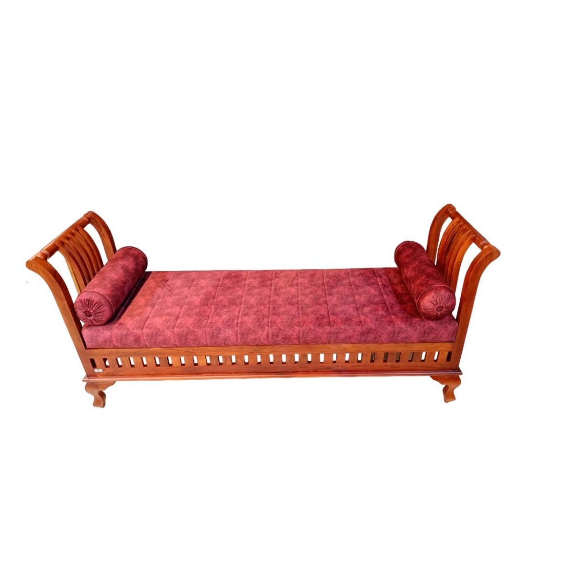 Modern Teak Wood Diwan Bed with Red Velvet Upholstery Cushion Back Manufacturers in Odisha