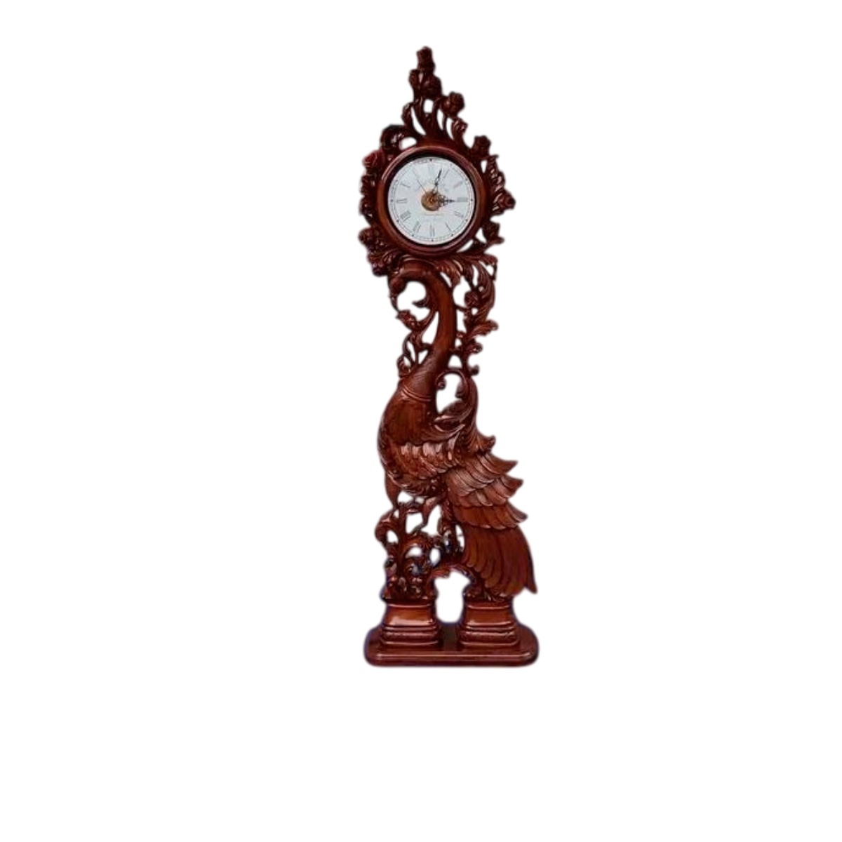 Peacock Design Wooden Standing Clock Teakwood Grandfather Clock with Natural Finish Manufacturers in Ahmedabad