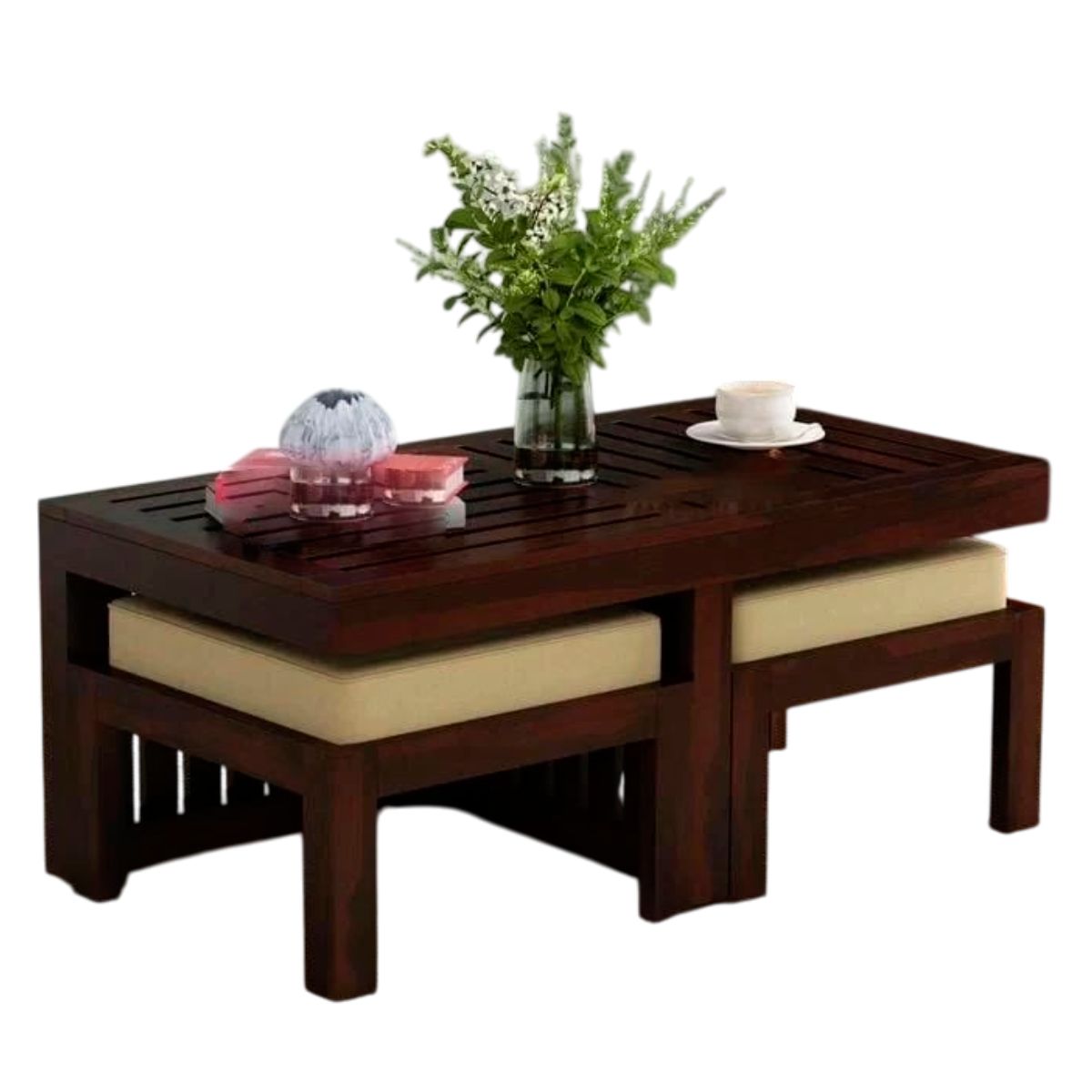 Sheesham Wood Center Table Set with Tea Table And Stools for Indoor And Outdoor Living Spaces Manufacturers in Gujarat