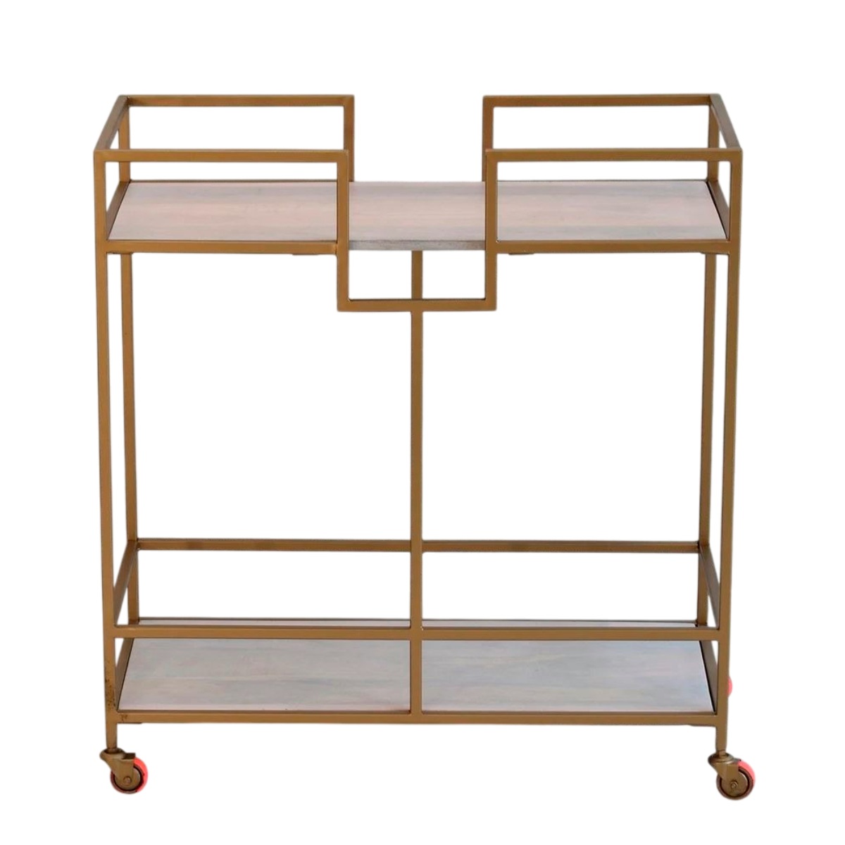 Stylish Wooden Service Trolley Solid Wood Kelly Kitchen And Bar Trolley with Iron Frame in Golden Finish and Two Shelves for Storage Manufacturers in Manipur