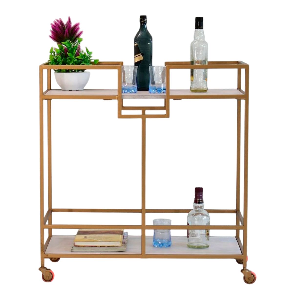 Stylish Wooden Service Trolley Solid Wood Kelly Kitchen And Bar Trolley with Iron Frame in Golden Finish and Two Shelves for Storage Manufacturers in Manipur