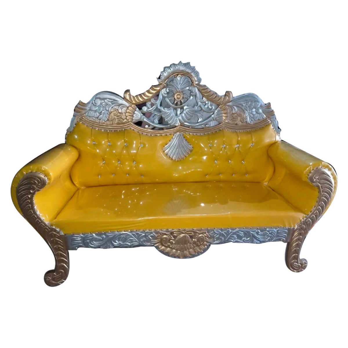 Yellow Wooden 2 Seater Wedding Sofa with Leather Seat Armrest Manufacturers in Indore