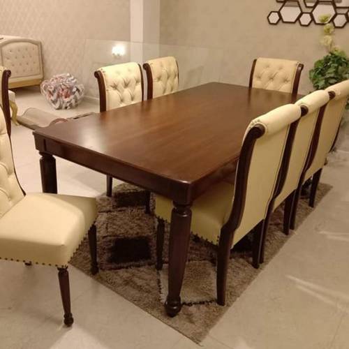 Dark Brown Teak Wood Rectangular Carved Dining Table with Wooden Top and Chairs Manufacturers, Suppliers, Exporters in Imphal