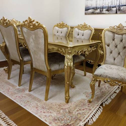 Stylish Golden 6 Seater Dining Table Set with Wooden Top and Teak Wood Chairs Manufacturers, Suppliers, Exporters in Imphal