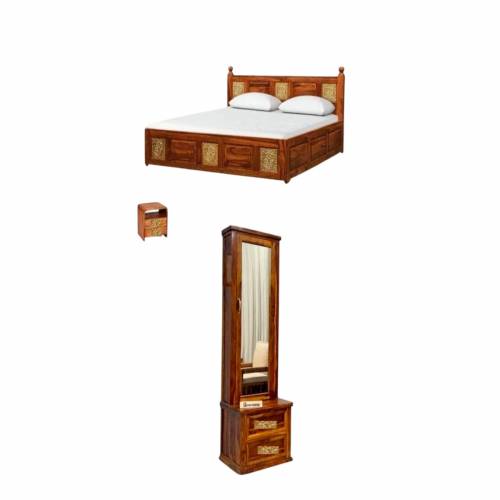 Stylish Wooden Bedroom Furniture Sheesham Queen Size Bed with Storage Side Table and Dressing Table - Perfect for Bedroom Decor Manufacturers, Suppliers, Exporters in Raipur