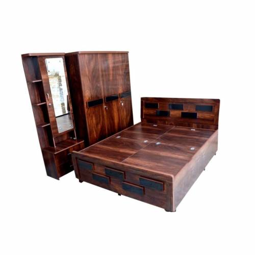 Stylish Wooden Queen Bed Set with Storage and Wardrobe Modern Design with Wooden and Black Acrylic Finish Manufacturers, Suppliers, Exporters in Raipur