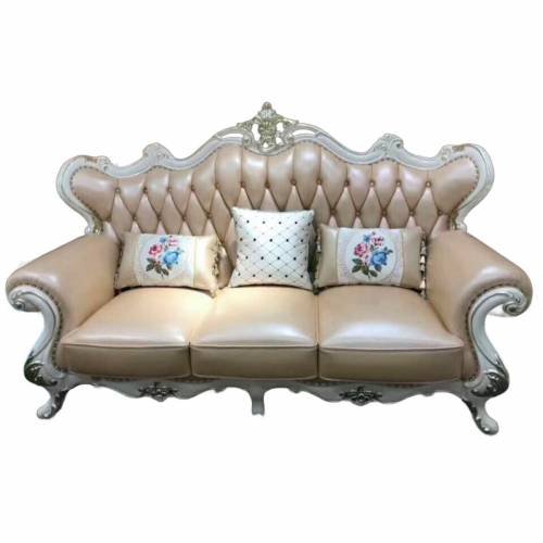 Teak Wood 3 Seater Wooden Carved Sofa Set Offwhite with Golden Leather Upholstery Manufacturers, Suppliers, Exporters in Bangalore