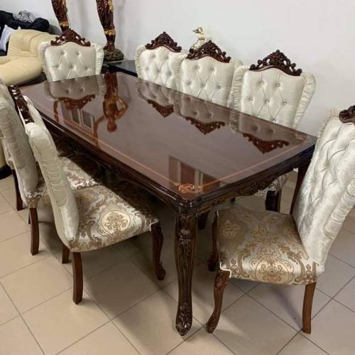 Teak Wood Dark Brown Carved Dining Set Rectangular Shape with Wooden Table Top and Chairs Manufacturers, Suppliers, Exporters in Imphal